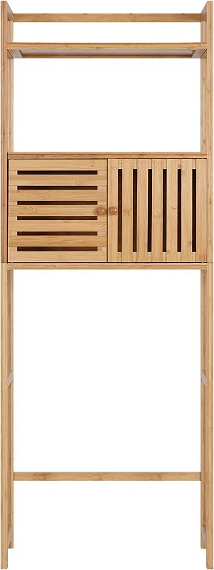 Photo 1 of Finnhomy Over The Toilet Storage Cabinet with Doors, Over Toilet Bathroom Organizer, 3-Tier Bathroom Space Saver Organizer with Shelf, Multifunctional Toilet Rack, Natural Bamboo
