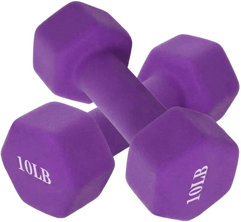 Photo 1 of 10 lb Dumbbell Set of 2 Hand Weights Neoprene Coated Dumbbell Pair Exercise Fitness Dumbbells for Men Women Home Gym Full Body Workout Strength Training Purple