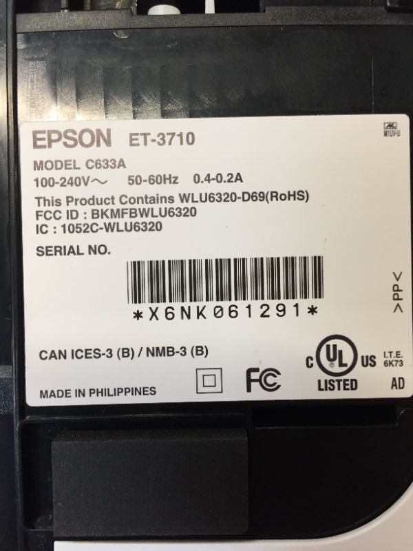 Photo 9 of Epson Ecotank Et-3710 Wireless Color Inkjet All-in-One Supertank Printer, White
