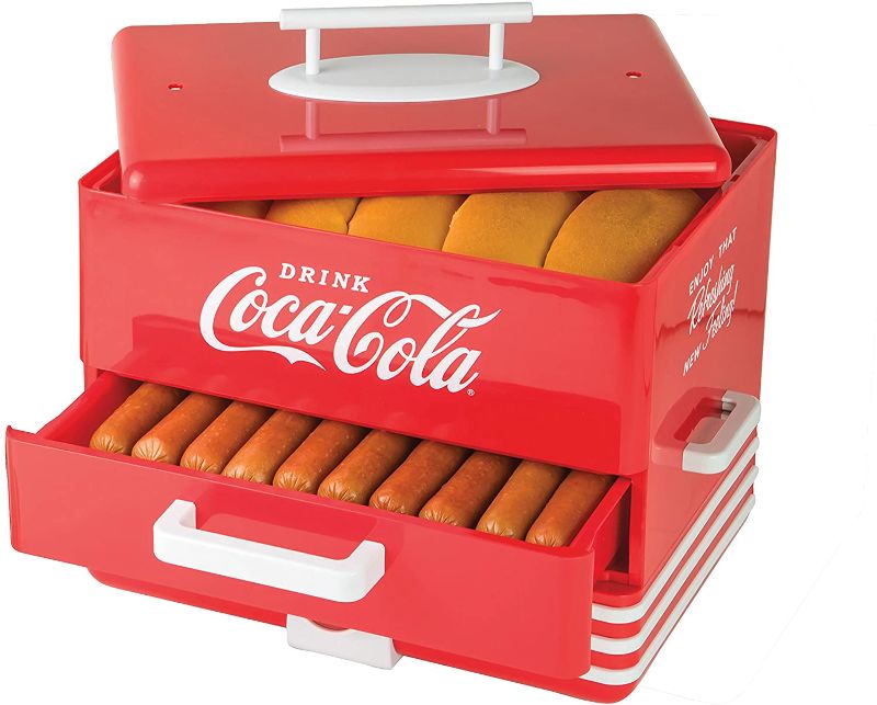 Photo 1 of Nostalgia Extra Large Diner-Style Coca-Cola Hot Dog Steamer and Bun Warmer, 24 Hot Dog and 12 Bun Capacity, Steam Bratwursts, Sausages, Vegetables, Fish, Dumplings, Red
