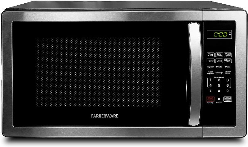 Photo 1 of Farberware Countertop Microwave 1.1 Cu. Ft. 1000-Watt Compact Microwave Oven with LED lighting, Child lock, and Easy Clean Interior, Stainless Steel Interior & Exterior
