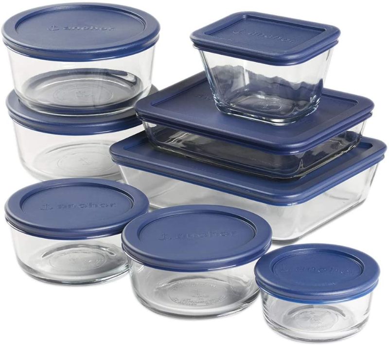 Photo 1 of Anchor Hocking 16 Piece Round and Rectangle Glass Food Storage Containers, Space Saving Meal Prep, Navy BPA-Free SnugFit Lids
