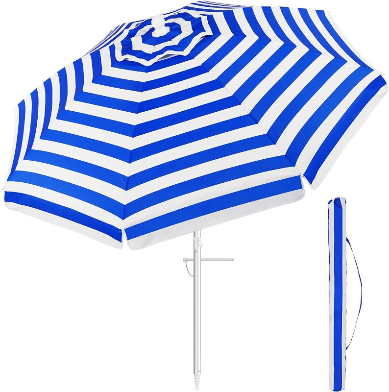 Photo 1 of Beach Sand Umbrella Portable Outdoor: 7ft Arc Length 6.5ft Diameter Large Striped Heavy Duty Wind Proof UV

