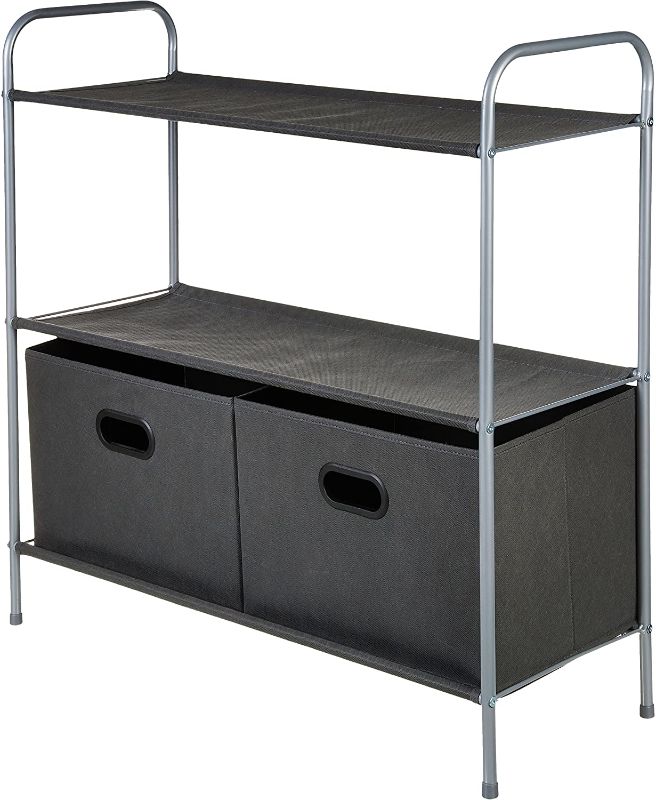 Photo 1 of Amazon Basics Closet Storage Organizer with Fabric Bins and Shelves, 32.7" x 12.2" x 31", Gray
