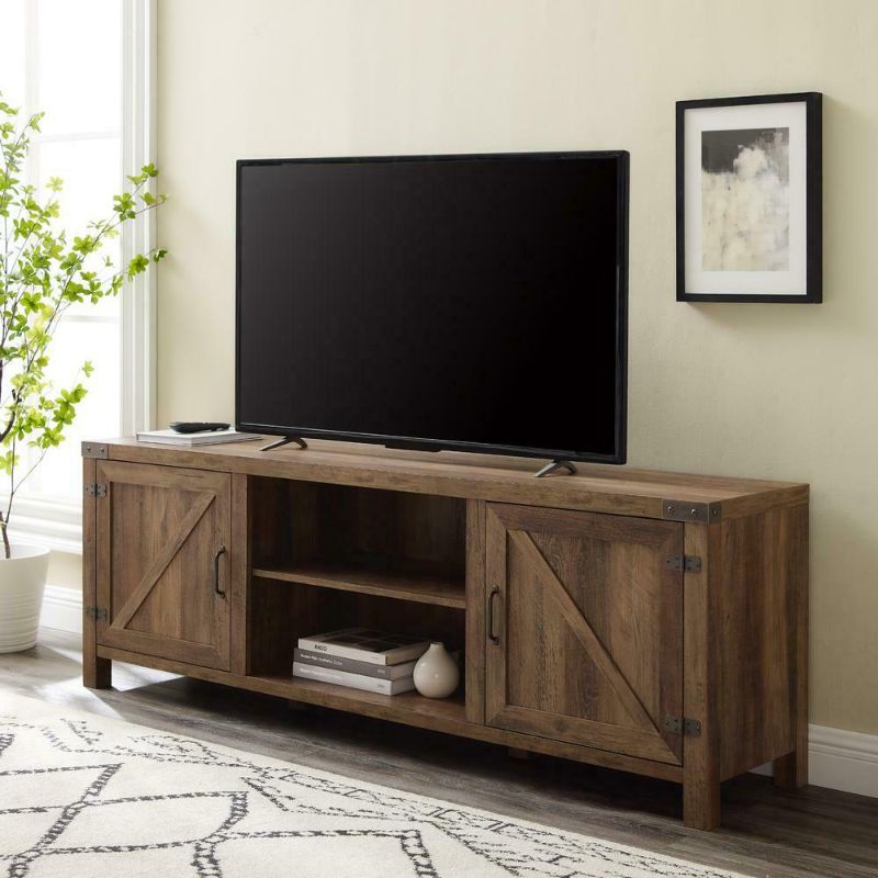 Photo 1 of 70" Rustic Farmhouse Barn Door Wood TV Stand - Rustic Oak NEW 
