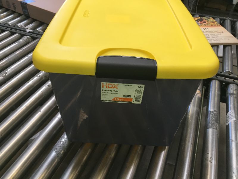 Photo 4 of 16 gal. Latching Storage Box in Gray Tint with Yellow Lid. MINOR MARKINGS/SCUFFS FORM NOT BEING PACKAGED
