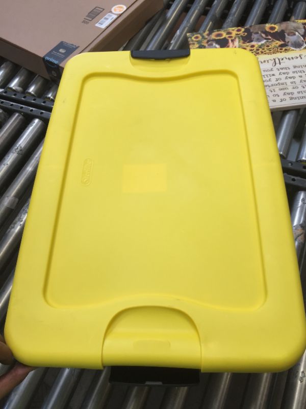 Photo 3 of 16 gal. Latching Storage Box in Gray Tint with Yellow Lid. MINOR MARKINGS/SCUFFS FORM NOT BEING PACKAGED
