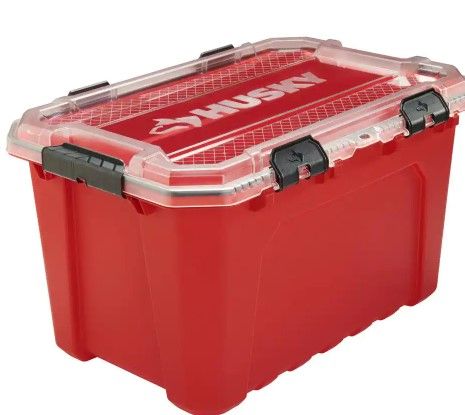 Photo 1 of 20-Gal. Professional Duty Waterproof Storage Container with Hinged Lid in Red, PRODUCT NEW BUT MINOR MARKINGS FORM NOT BEING PACKAGED
