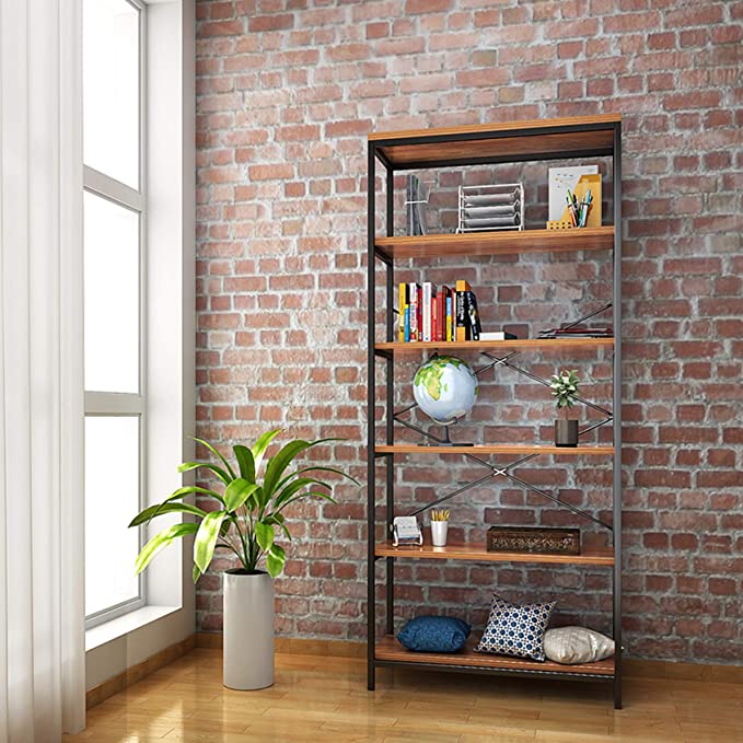 Photo 1 of 5 Tier Bookcase, LITTLE TREE 5-Shelf Industrial Style Bookcases and Book Shelves, Metal and Wood Free Vintage Bookshelf
