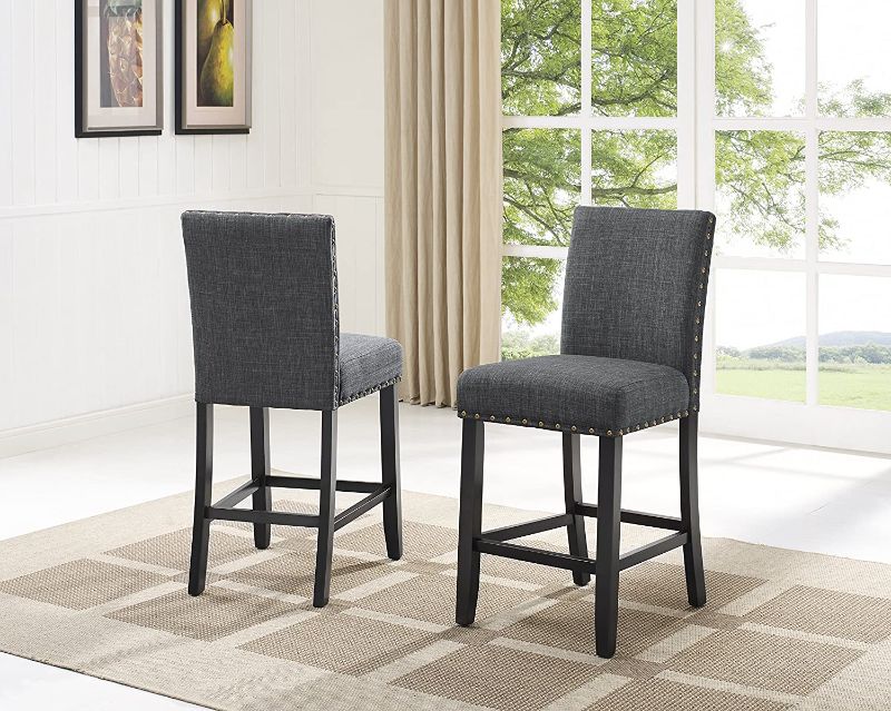 Photo 1 of Biony Gray Fabric Counter Height Stools with Nailhead Trim, Set of 2
