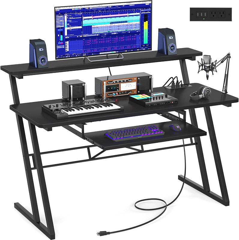 Photo 1 of Armocity 47'' Music Studio Desk with Power Outlet, Studio Desk for Music Production, Recording Studio Desk for Producer, Studio Workstation Desk for Music Recording, Piano Tray, Raised Stand, Black
