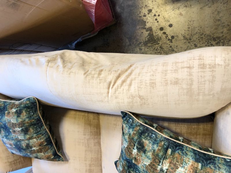 Photo 4 of Acanva Luxury Mid-Century Camelback Velvet Living Room Sofa, 70"W Loveseat, Almond, DAMAGE TO CENTER BACK., MINOR DIRT MARKINGS FROM NOT BEING PACKAGED. LEGS INCLUDED UNDERNEATH 
