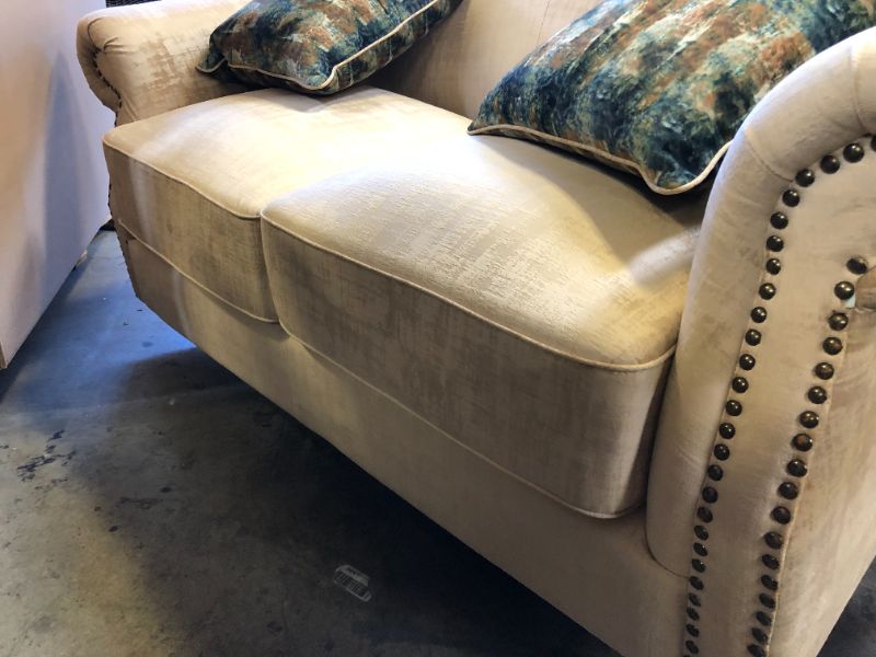 Photo 3 of Acanva Luxury Mid-Century Camelback Velvet Living Room Sofa, 70"W Loveseat, Almond, DAMAGE TO CENTER BACK., MINOR DIRT MARKINGS FROM NOT BEING PACKAGED. LEGS INCLUDED UNDERNEATH 
