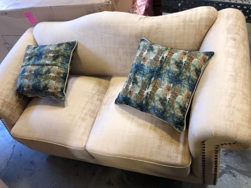 Photo 2 of Acanva Luxury Mid-Century Camelback Velvet Living Room Sofa, 70"W Loveseat, Almond, DAMAGE TO CENTER BACK., MINOR DIRT MARKINGS FROM NOT BEING PACKAGED. LEGS INCLUDED UNDERNEATH 
