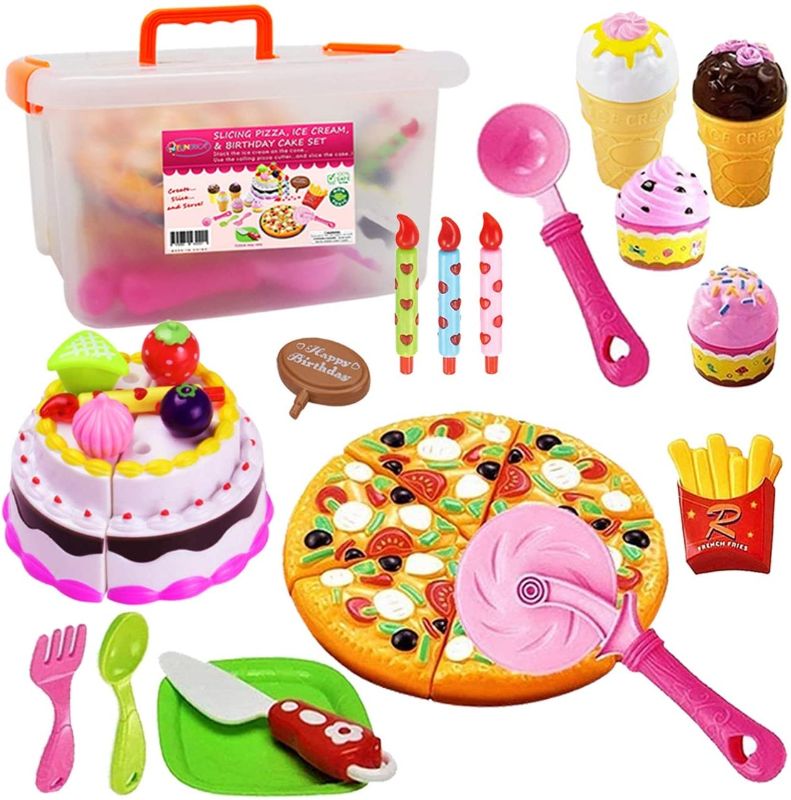 Photo 1 of FUNERICA Pretend Cutting Play Food Kids Toy Set with Cutting Pizza, Ice Cream, Fries, Dessert, Storage Box & Toy Birthday Cake for Boys & Girls Party Celebrations, for Toddlers Learning