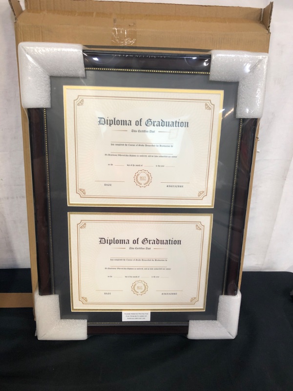 Photo 2 of GraduationMall 14x20 Double Diploma Frame, Display 8.5x11 Document Certificate with Black Over Gold Mat, UV Protection Acrylic, Mahogany with Gold Beads
