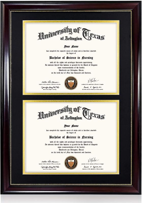 Photo 1 of GraduationMall 14x20 Double Diploma Frame, Display 8.5x11 Document Certificate with Black Over Gold Mat, UV Protection Acrylic, Mahogany with Gold Beads
