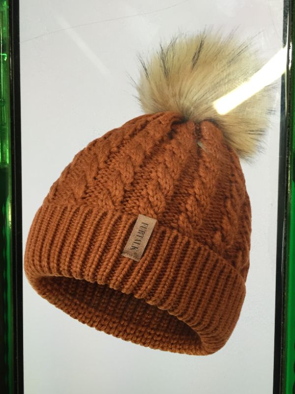 Photo 1 of FURTALK WINTER BEANIE HAT FOR WOMEN LINED FAUX FUR POM POM DARK ORANGE