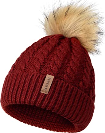 Photo 1 of FURTALK Winter Beanie Hat for Women Cotton Lined Faux Fur Pom Pom Hats Womens Warm Thick Knit Skull Cap
WINE RED