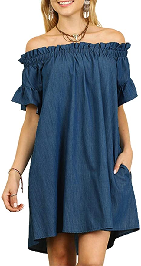 Photo 1 of SIMSHION Womens Ruffled Sexy Off Shoulder Short Sleeve Denim Casual Loose Mini Dress 5XL
