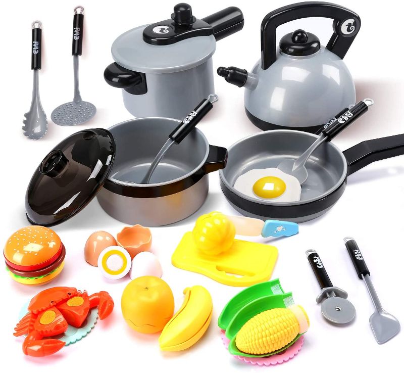 Photo 1 of Kids Kitchen Pretend Play Toys,Play Cooking Set, Cookware Pots and Pans Playset, Peeling and Cutting Play Food Toys, Cooking Utensils Accessories, Learning Gift for Toddlers Baby Girls Boys