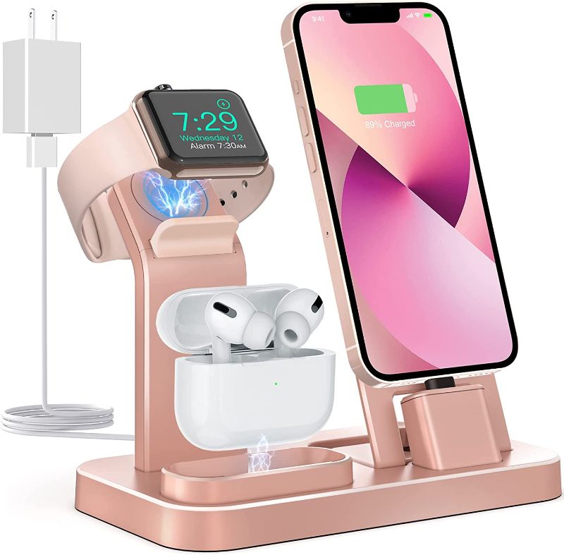 Photo 1 of 3 in 1 Charging Station for Apple Products, Removable Charging Stand for iPhone Series AirPods Pro/3/2/1, Charging Dock for Apple Watch SE/7/6/5/4/3/2/1(with 10W Adapter and Cable)(Rose Gold)
