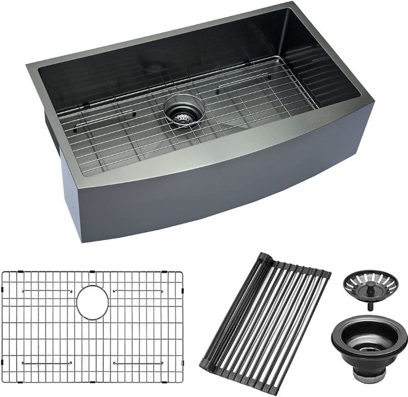 Photo 1 of 33 Black Farmhouse Sink - Mocoloo 33x22 Inches Farmhouse Apron Front Gunmetal Black Stainless Kitchen Sink 16 Gauge R10 Deep Basin Single Bowl Farm Sinks
