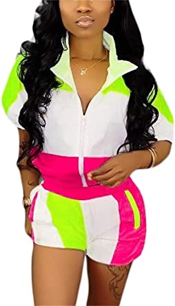 Photo 1 of Molilove Women 2 Piece Windbreaker Tracksuit Zip Jacket Crop Tops and Shorts Pants Tracksuit Outfits L

