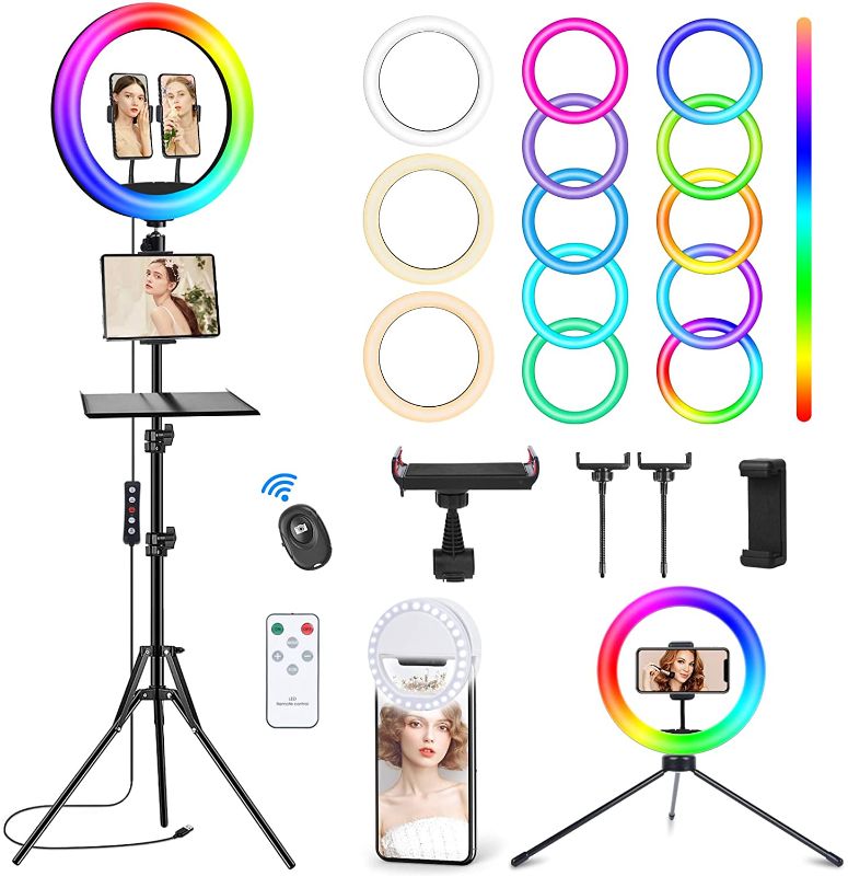 Photo 1 of 13'' Selfie Ring Light with Stand and Phone Holders, Vlogging LED Ring Light with 63'' Tripod, 50 RGB Modes - 3 Colors - 12 Adjustable Brightness Levels for Makeup/ YouTube/Tiktok/Vlogging
