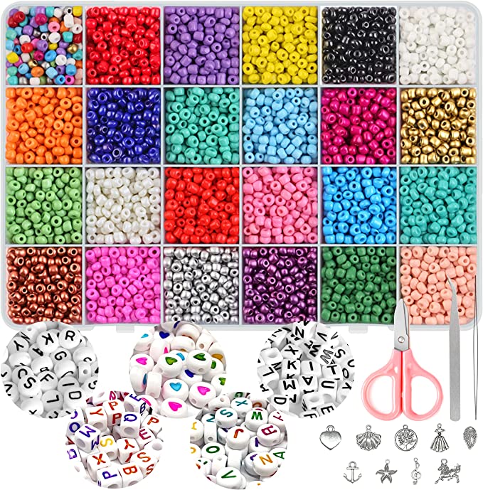 Photo 1 of [2022 New Version] 7200+pcs 3mm 8/0 Glass Seed Beads and 600pcs Alphabet Letter Beads, DIY Handmade Art and Craft Set Bracelet Jewelry Making Kit, for Her Women Wife Girlfriend Kid
