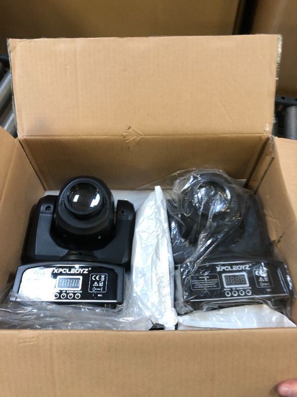 Photo 1 of XPCLEOYZ Stage Lights Moving Head Light 8 Gobos 8 Colors 11 Channels 2PCS 60W Spotlight DMX 512 with Sound Activated for Wedding DJ Party. Box Packaging Damaged, Item is New