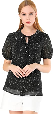 Photo 1 of Allegra K Women's Puff Sleeve Star Printed Button Front Tie Neck Blouse Tops---XS---
