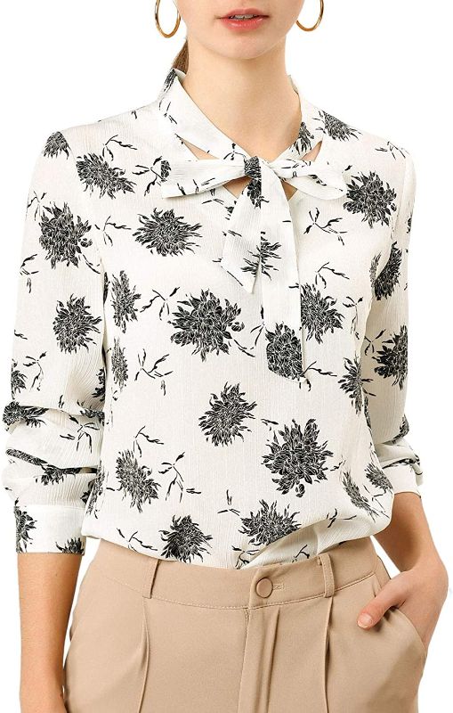 Photo 1 of Allegra K Women's Floral Chiffon Blouse Long Sleeve Tie Neck Chrysanthemum Print Top---XS---
