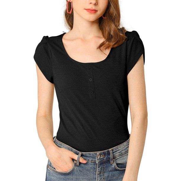 Photo 1 of Allegra K Women's Scoop Neck Short Tulip Sleeves Ribbed Blouse Tops---XS---
