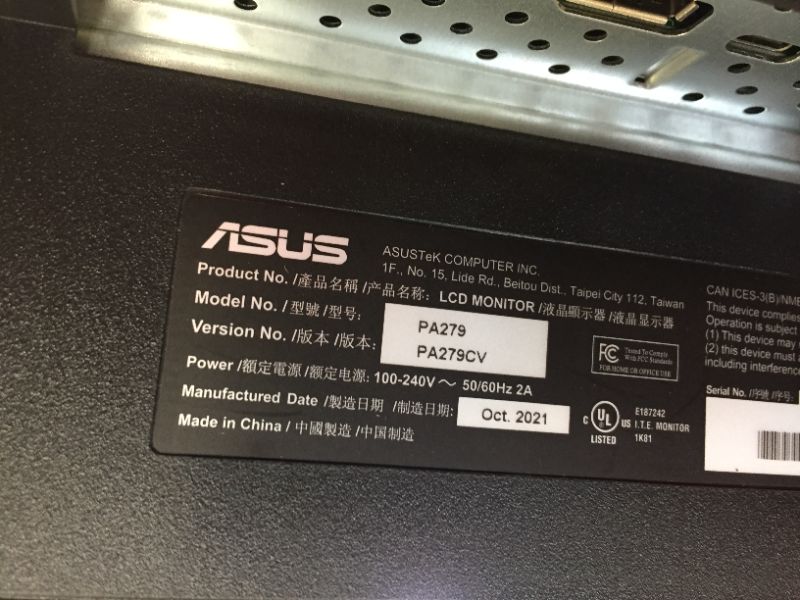 Photo 5 of ASUS ProArt Display PA279CV 27” 4K HDR UHD (3840 x 2160) Monitor, IPS, 100% sRGB/Rec. 709, ?E < 2, USB-C DisplayPort HDMI USB hub, Calman Verified, Eye Care, Tilt Pivot Swivel Height Adjustable---DOES NOT TURN ON WHEN PLUIGGED IN---DOES NOT WORK---MISSING