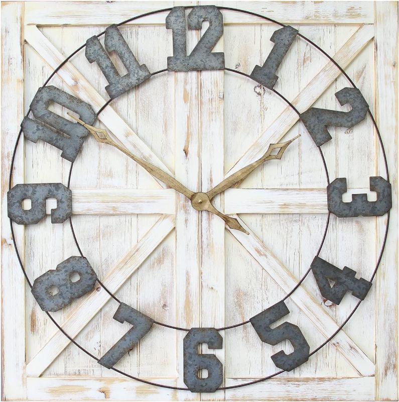 Photo 1 of Stratton Home Décor S11545 Rustic Farmhouse Wall Clock, 31.50 W X 1.38 D X 31.50 H, Distressed White, Galvanized Metal, Gold, Black
---MISSING HANDS 