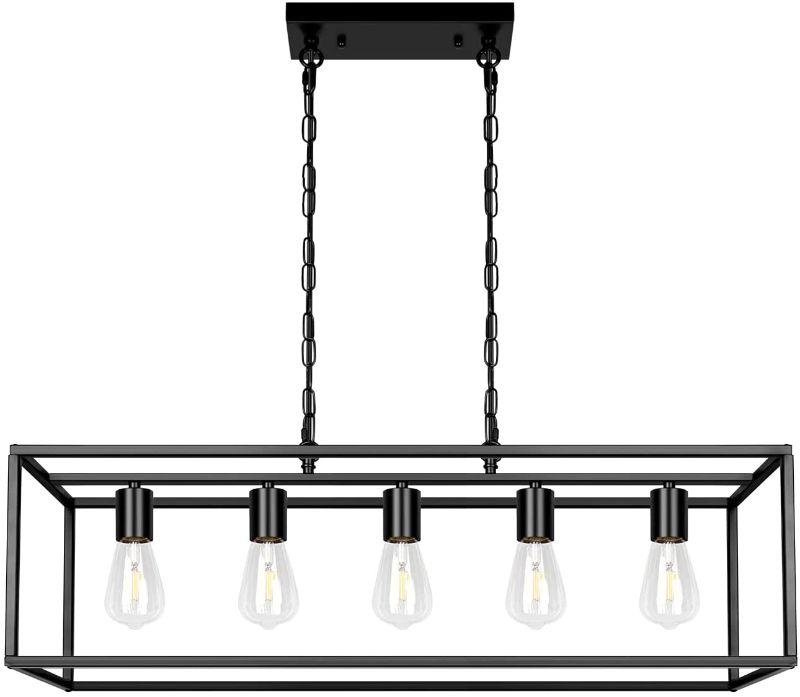 Photo 1 of Black Farmhouse Kitchen Island Lighting Modern Linear Chandelier Industrial Dining Room Rectangular Light Fixtures for Living Room Foyer Bar (Black, 5-Light)
