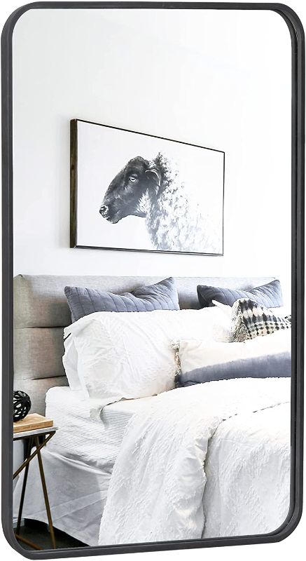 Photo 1 of Black Metal Framed Rectangular Wall Mirror 24" x 36" Bathroom Mirror with Peaked Trim for Entryways, Living Rooms, Bathrooms