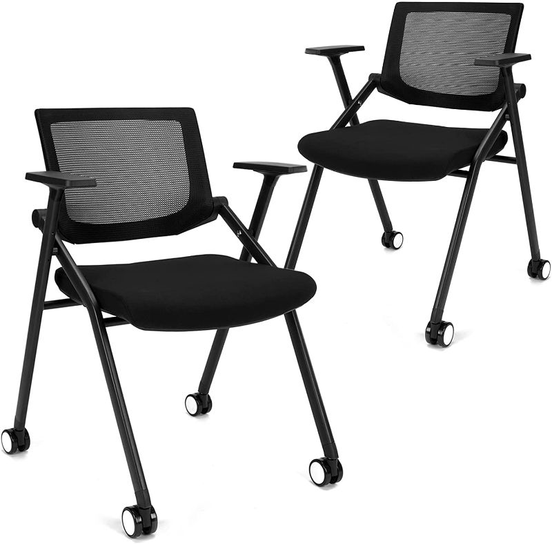 Photo 1 of [2 Pack] Stackable Conference Room Chairs with Wheels and Paddle - Ergonomic Mesh Back and Arms for Meeting & Home Office Desk Folding Chairs 2 pcs (Black)
