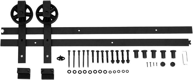 Photo 1 of Amazon Basics Sliding Barn Door Hardware Kit, 6.6 Foot, Big Wheel, Black
