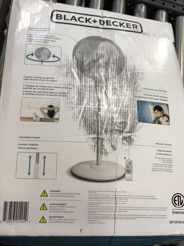 Photo 2 of BLACK+DECKER 16" Stand Fan with Remote, White--parts only, missing main  components
