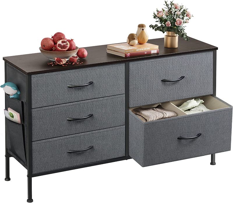 Photo 1 of Dresser for Bedroom with 5 Drawers, Wide Bedroom Dresser with Drawer Organizers and Side Pockets, Chest of Drawers, Fabric Dresser for Living Room, Closet, Hallway, Nursery, Dark Grey size 11.81"D x 39.37"W x 23.23"H
