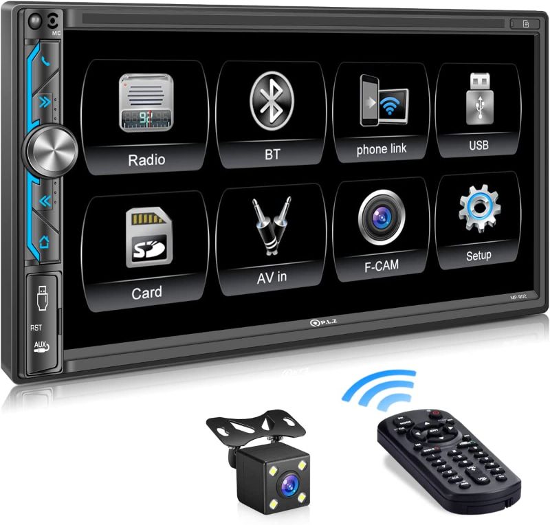 Photo 1 of PLZ MP-902 Double Din Car Stereo, 7 Inch Full HD Capacitive Touchscreen Car Radio Receiver with Mirror Link, Bluetooth 5.1, Backup Camera, Steering Wheel Control, Subw, FM/AM Car Radio, USB/TF/AUX
