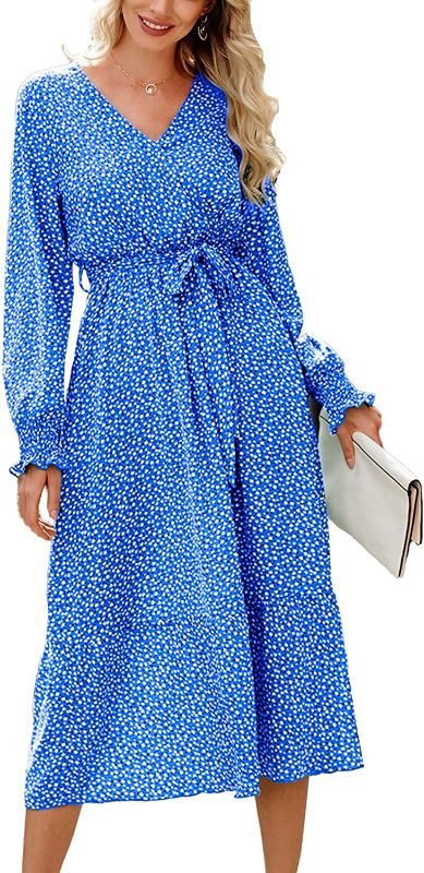 Photo 1 of  Women's Floral Print Boho Dress Long Sleeve Wrap V Neck Ruffle Belted A-Line Flowy Maxi Dresses - SIZE XXL 
