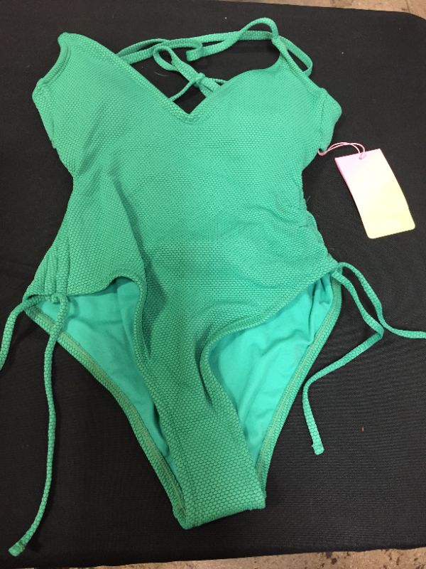 Photo 2 of Deep V-neck Textured One Piece Swimsuit – Green
 SIZE XS 