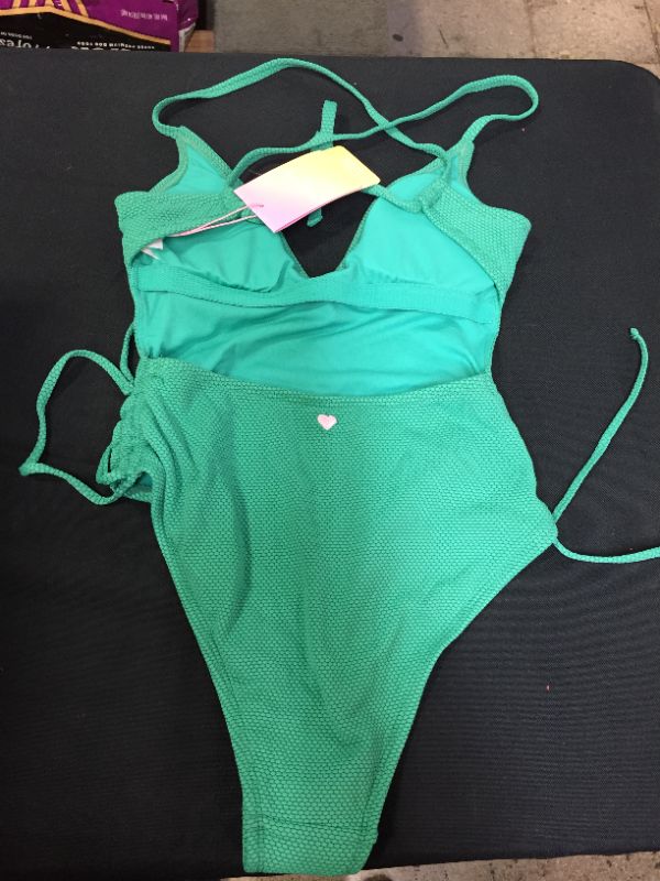 Photo 3 of Deep V-neck Textured One Piece Swimsuit – Green
 SIZE XS 