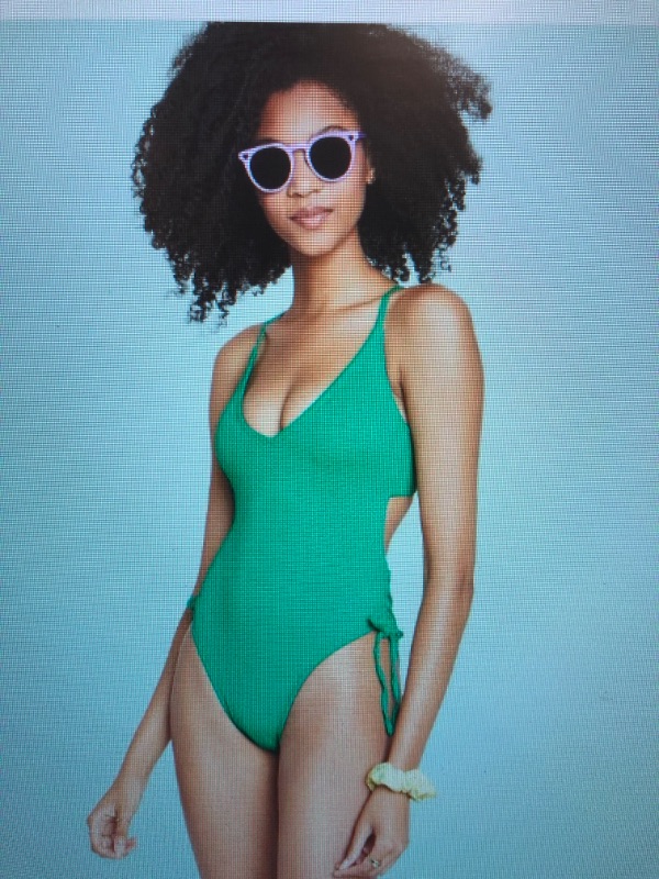 Photo 1 of Deep V-neck Textured One Piece Swimsuit – Green
 SIZE S 