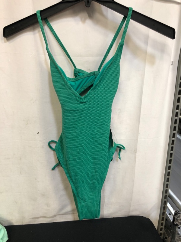 Photo 2 of Deep V-neck Textured One Piece Swimsuit – Green
 SIZE S 