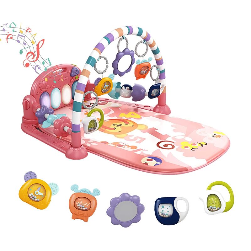 Photo 1 of Baby Play Mat Baby Gym, Kick and Play Piano Tummy Time Baby Activity Gym Mat with 5 Infant Learning Sensory Baby Toys, Music and Lights Boy & Girl Gifts for Newborn Baby 0 to 3 6 9 12 Months (Pink)
