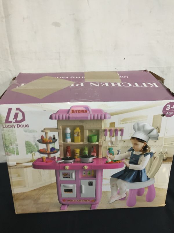 Photo 1 of Kids Play Kitchen Playset for Toddlers Girls, Toy Kitchen Sets Pretend Play Food Toy with Chair for Girls Kids Ages 3-8, Kitchen Accessories Set with Light Sound Spray, for Kids Girls Toddlers
